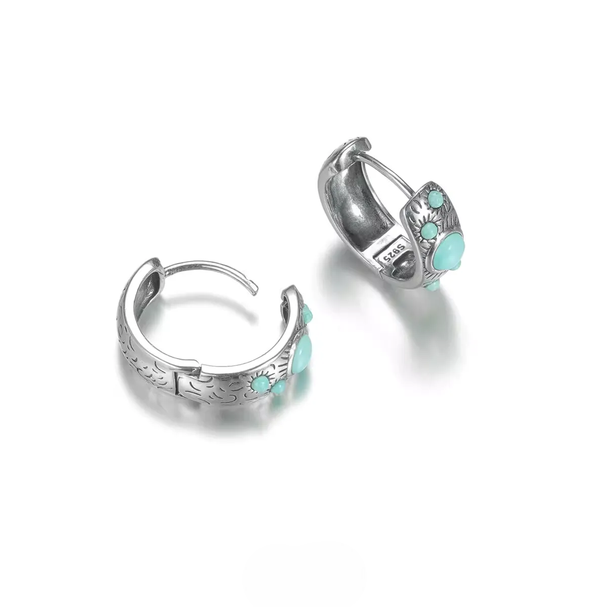 S925 Silver Sunburst Turquoise Huggie Hoops Tibetan Wide Band