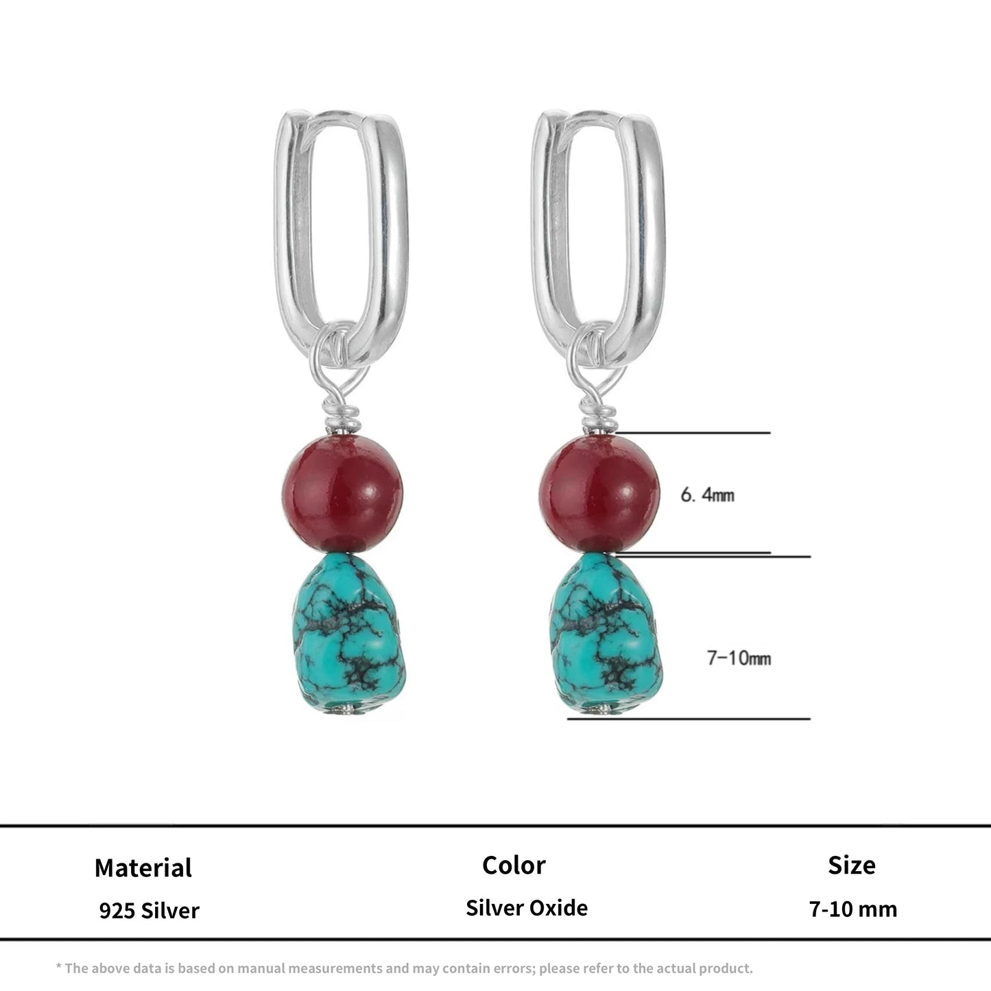 Tibetan-style-dangle-earrings-made-of-S925-sterling-silver, featuring-natural-turquoise-and-cinnabar-drops