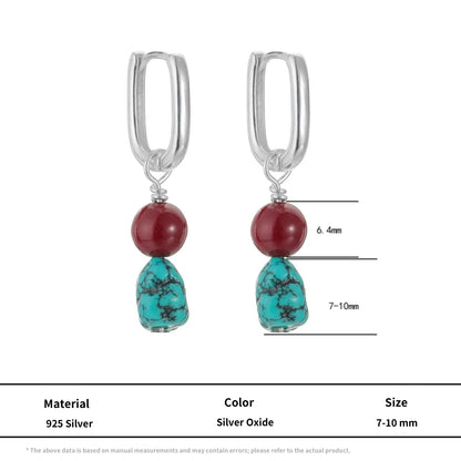 Tibetan-style-dangle-earrings-made-of-S925-sterling-silver, featuring-natural-turquoise-and-cinnabar-drops
