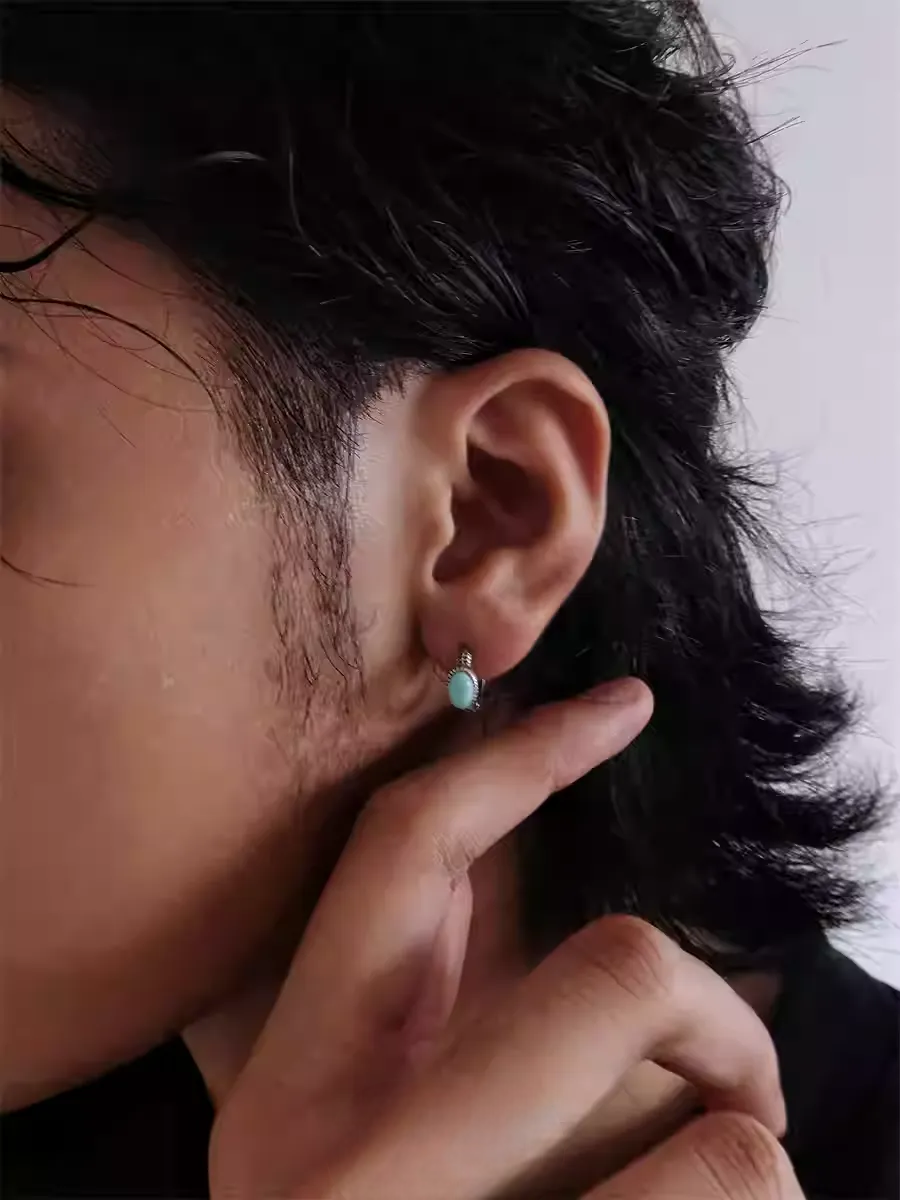 S925 Silver Vintage Turquoise Huggies Unisex Artisan Hoops