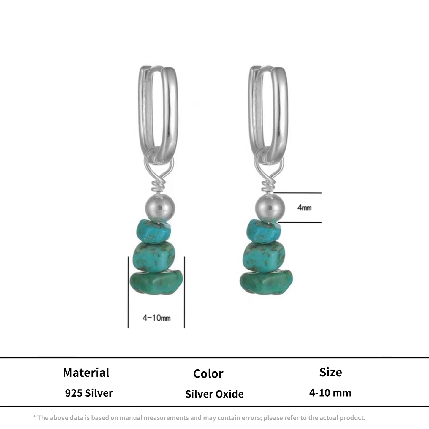 S925 Sterling Silver Raw Turquoise Stacked Dangle Earrings Unisex