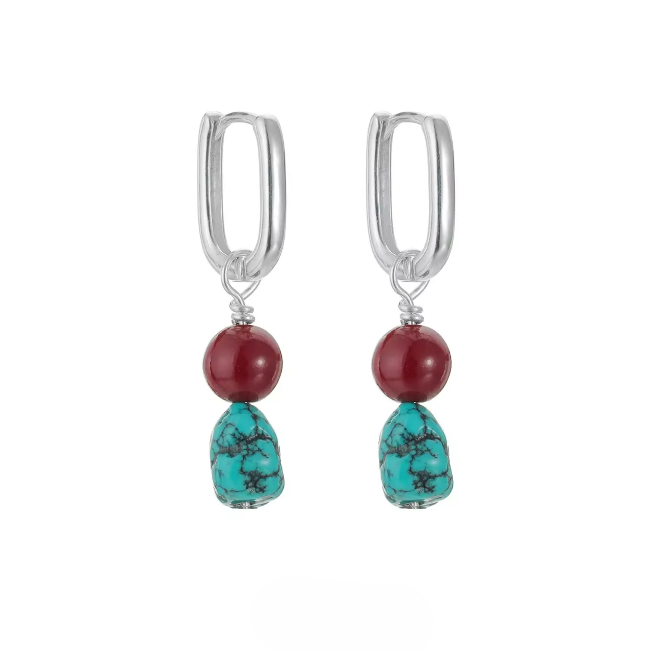 Tibetan-style-dangle-earrings-made-of-S925-sterling-silver, featuring-natural-turquoise-and-cinnabar-drops