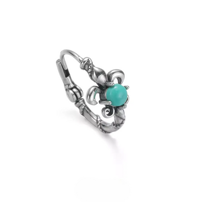 S925 Silver Fleur-de-lis Turquoise Hoops Vintage Men's Huggies