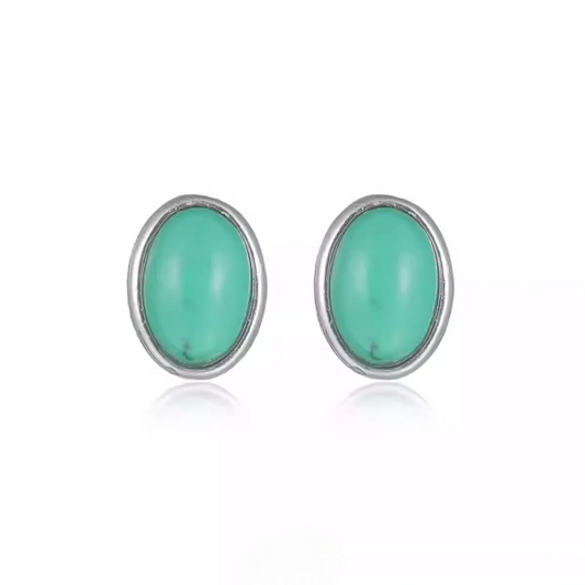 S925 Silver Turquoise Stud Earrings Classic Oval Boho Jewelry