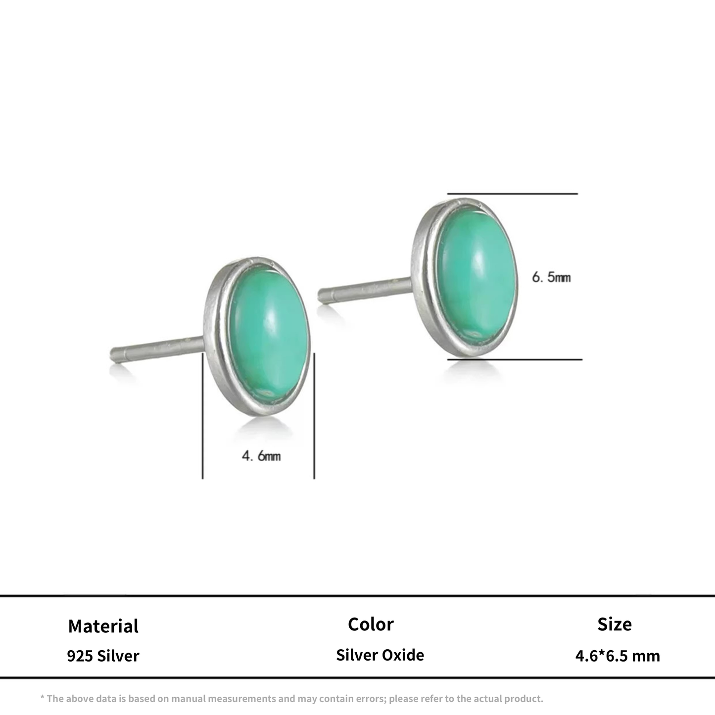 S925 Silver Turquoise Stud Earrings Classic Oval Boho Jewelry