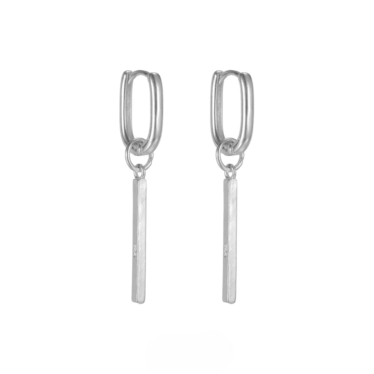 Silver Rectangular Huggie Hoops with Bar Dangle Sleek Geometric Studs featuring polished silver bar on minimalist rectangular hoops