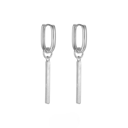 Silver Rectangular Huggie Hoops with Bar Dangle Sleek Geometric Studs featuring polished silver bar on minimalist rectangular hoops