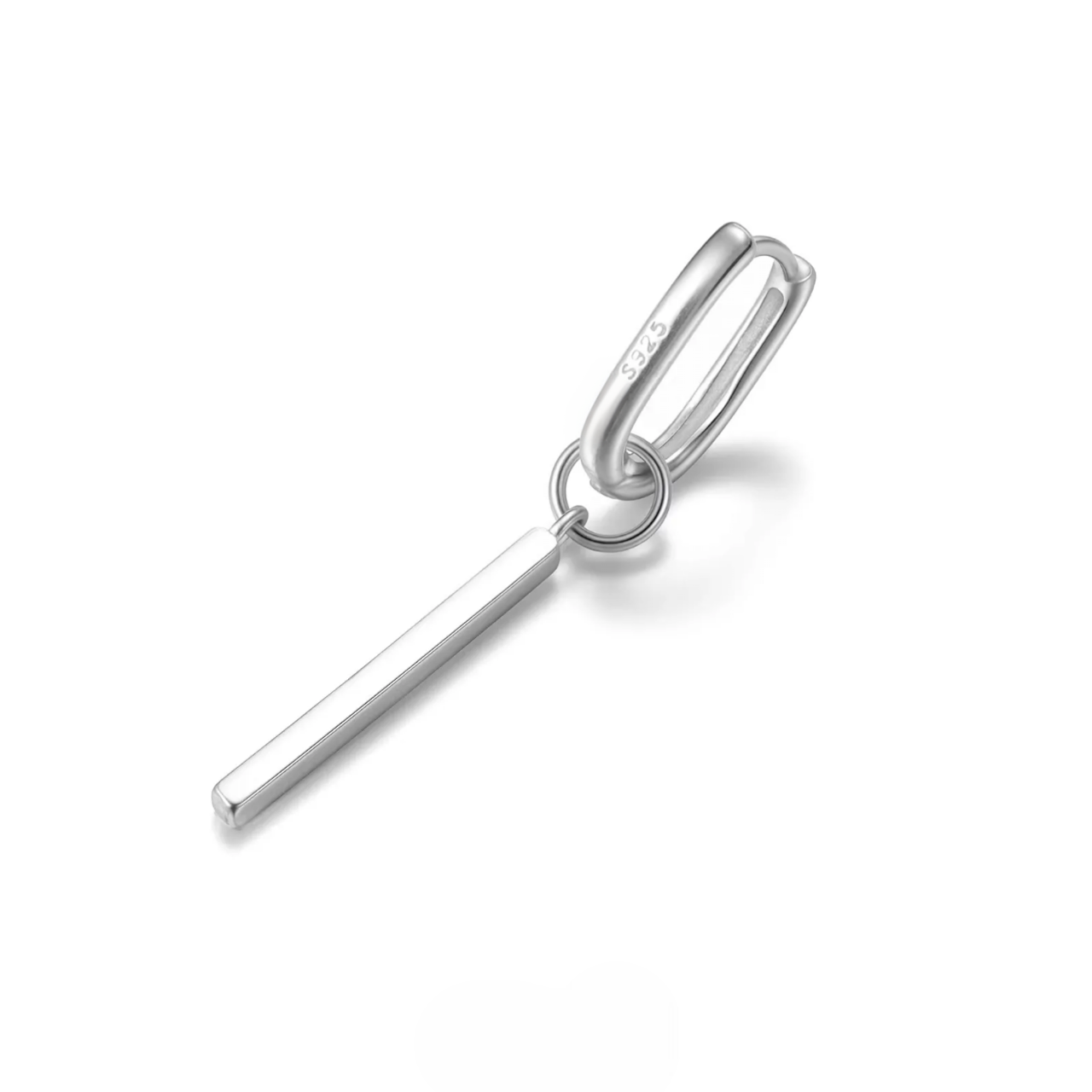 Silver Rectangular Huggie Hoops with Bar Dangle Sleek Geometric Studs featuring polished minimalist silver bar charm on hoop