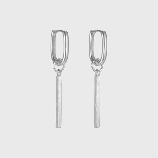 Silver Rectangular Huggie Hoops with Bar Dangle Sleek Geometric Studs featuring polished minimalist silver bars on small hoops