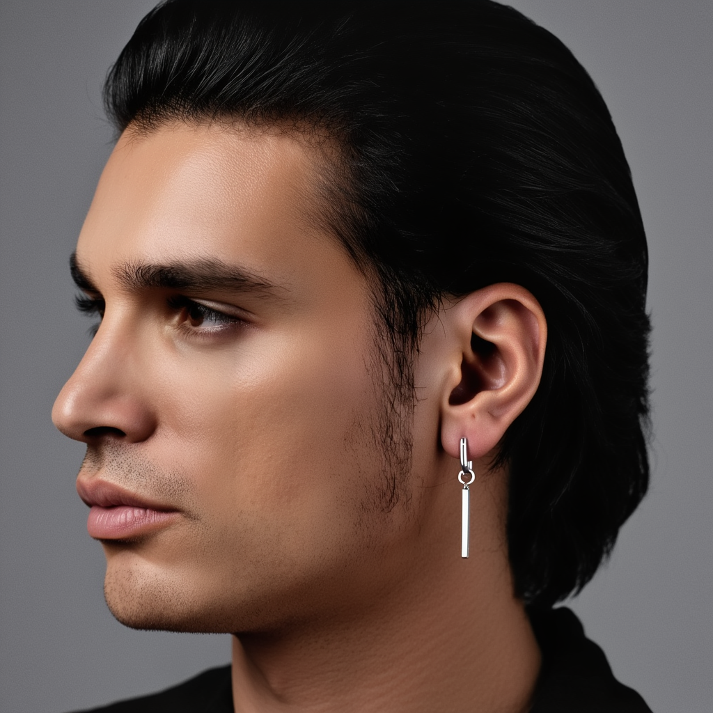 Silver Rectangular Huggie Hoops with Bar Dangle Sleek Geometric Studs worn by male model with smooth side profile