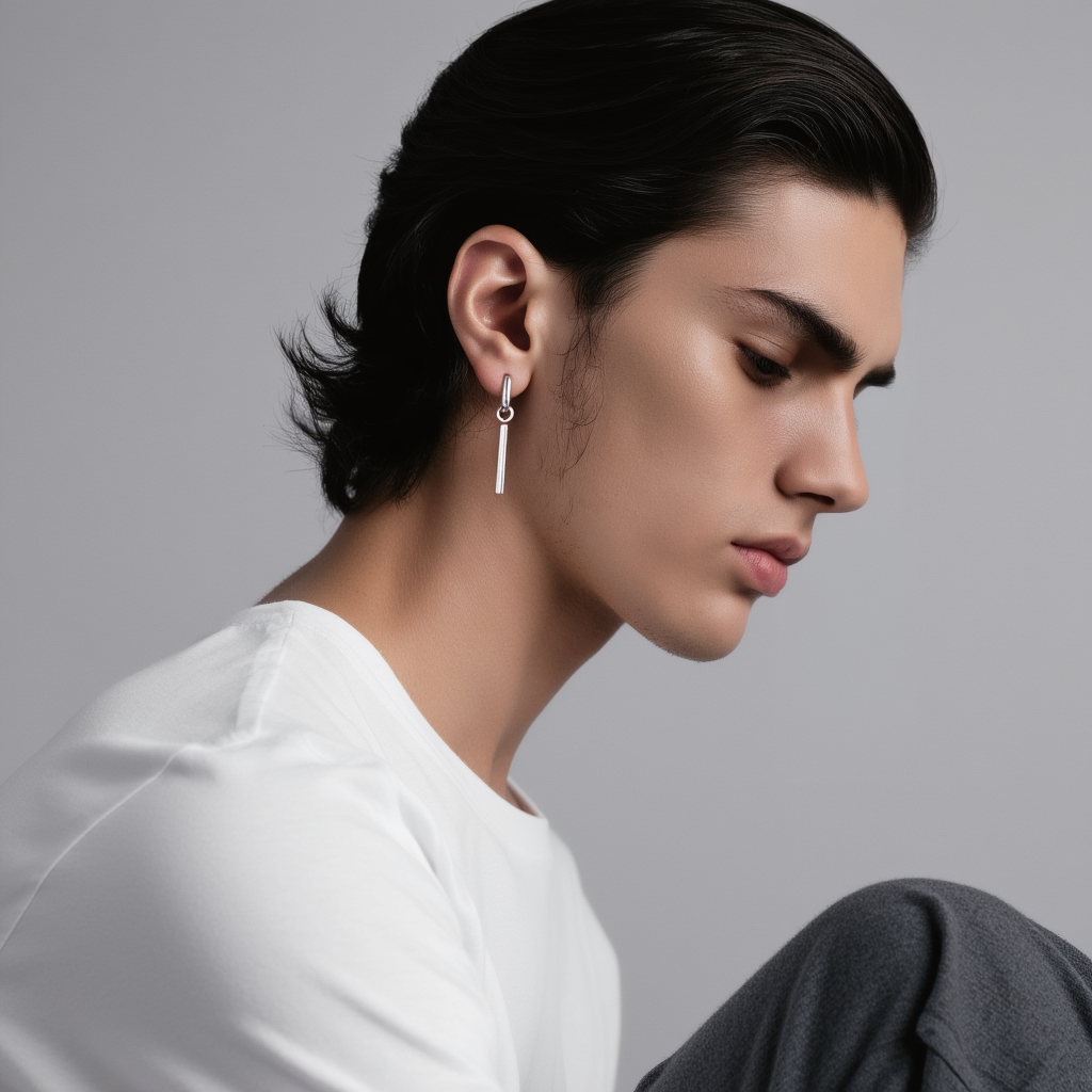 Silver Rectangular Huggie Hoops with Bar Dangle Sleek Geometric Studs worn by model against neutral background