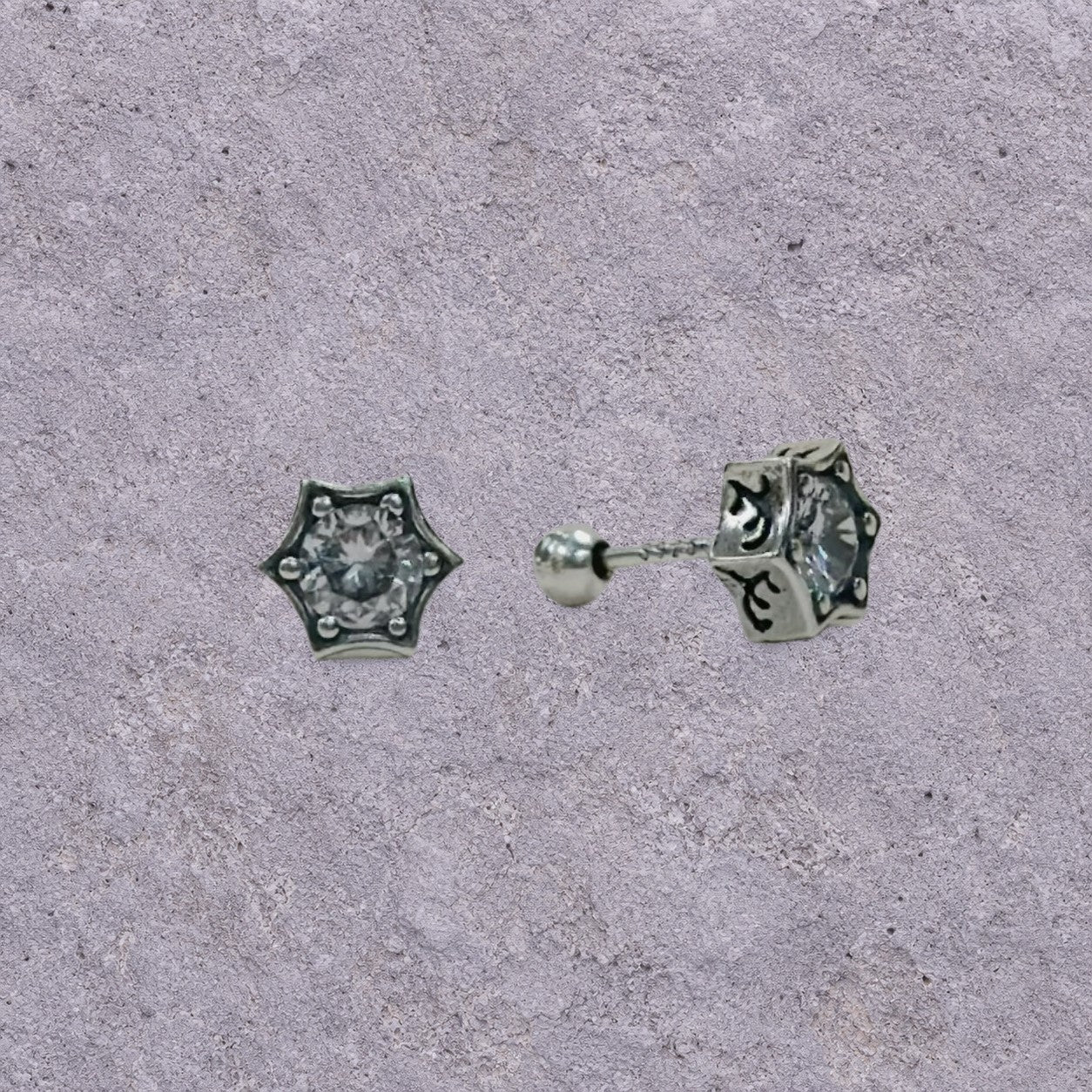 Six-Point Star White Zircon Oxidized Silver Studs