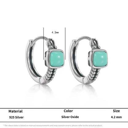 Tibetan Artisan Raw Turquoise Hoop Earrings Oxidized 925 Silver