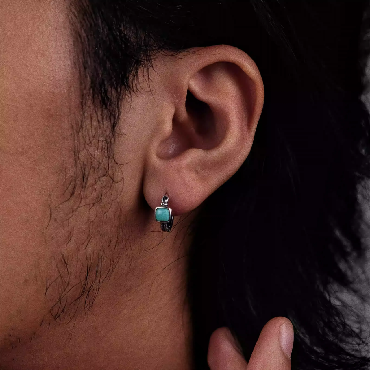 Tibetan Artisan Raw Turquoise Hoop Earrings Oxidized 925 Silver