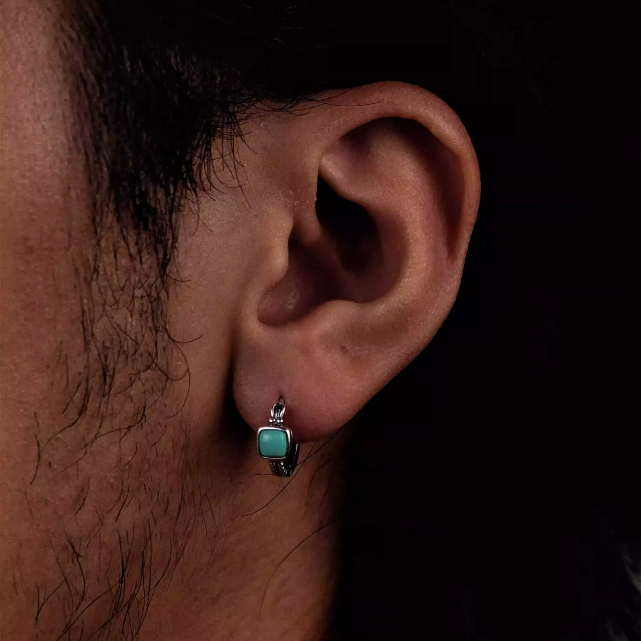 Tibetan Artisan Raw Turquoise Hoop Earrings Oxidized 925 Silver