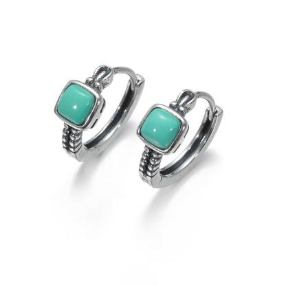 Tibetan Artisan Raw Turquoise Hoop Earrings Oxidized 925 Silver