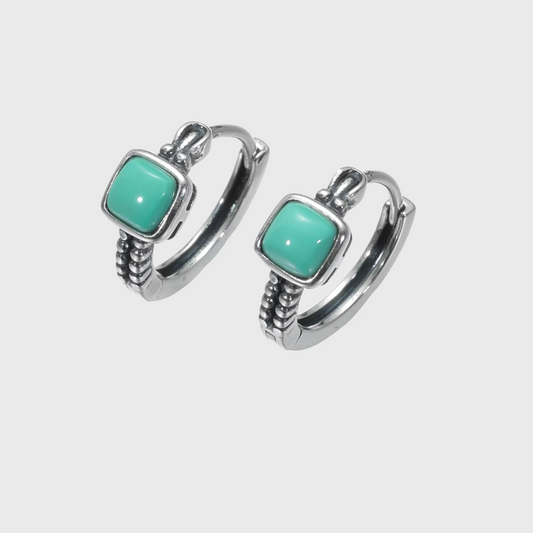 Tibetan Artisan Raw Turquoise Hoop Earrings Oxidized 925 Silver