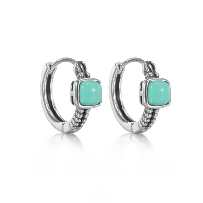 Tibetan Artisan Raw Turquoise Hoop Earrings Oxidized 925 Silver