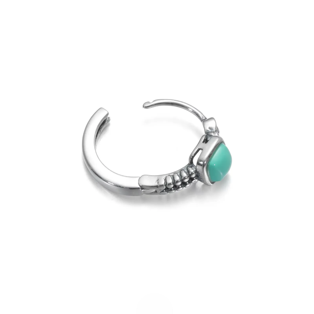 Tibetan Artisan Raw Turquoise Hoop Earrings Oxidized 925 Silver