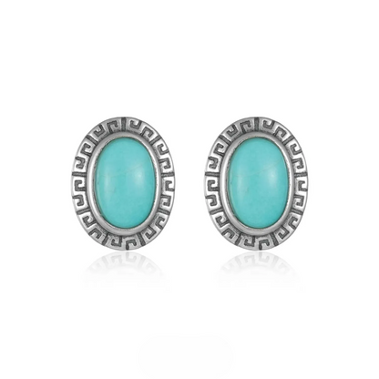 Tribal Engraved Solitaire Turquoise Studs S925 Silver Unisex Niche