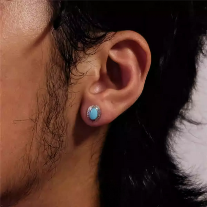 Tribal Engraved Solitaire Turquoise Studs S925 Silver Unisex Niche