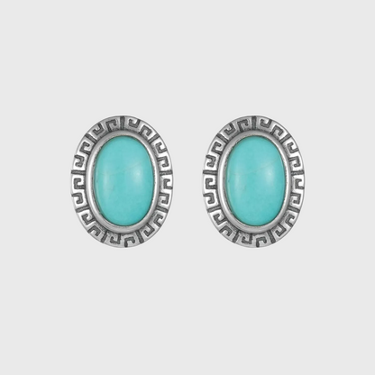 Tribal Engraved Solitaire Turquoise Studs S925 Silver Unisex Niche
