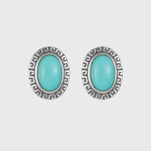 Tribal Engraved Solitaire Turquoise Studs S925 Silver Unisex Niche