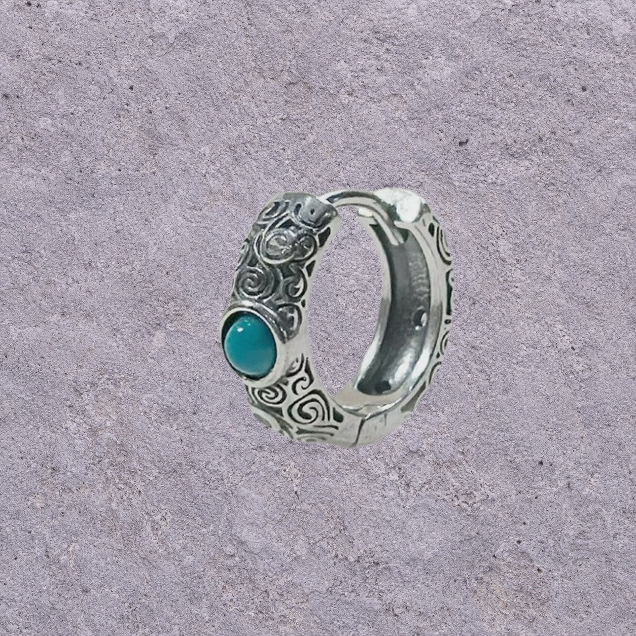 Turquoise Scroll Oxidized Silver Huggie Hoops