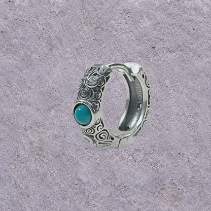Turquoise Scroll Oxidized Silver Huggie Hoops