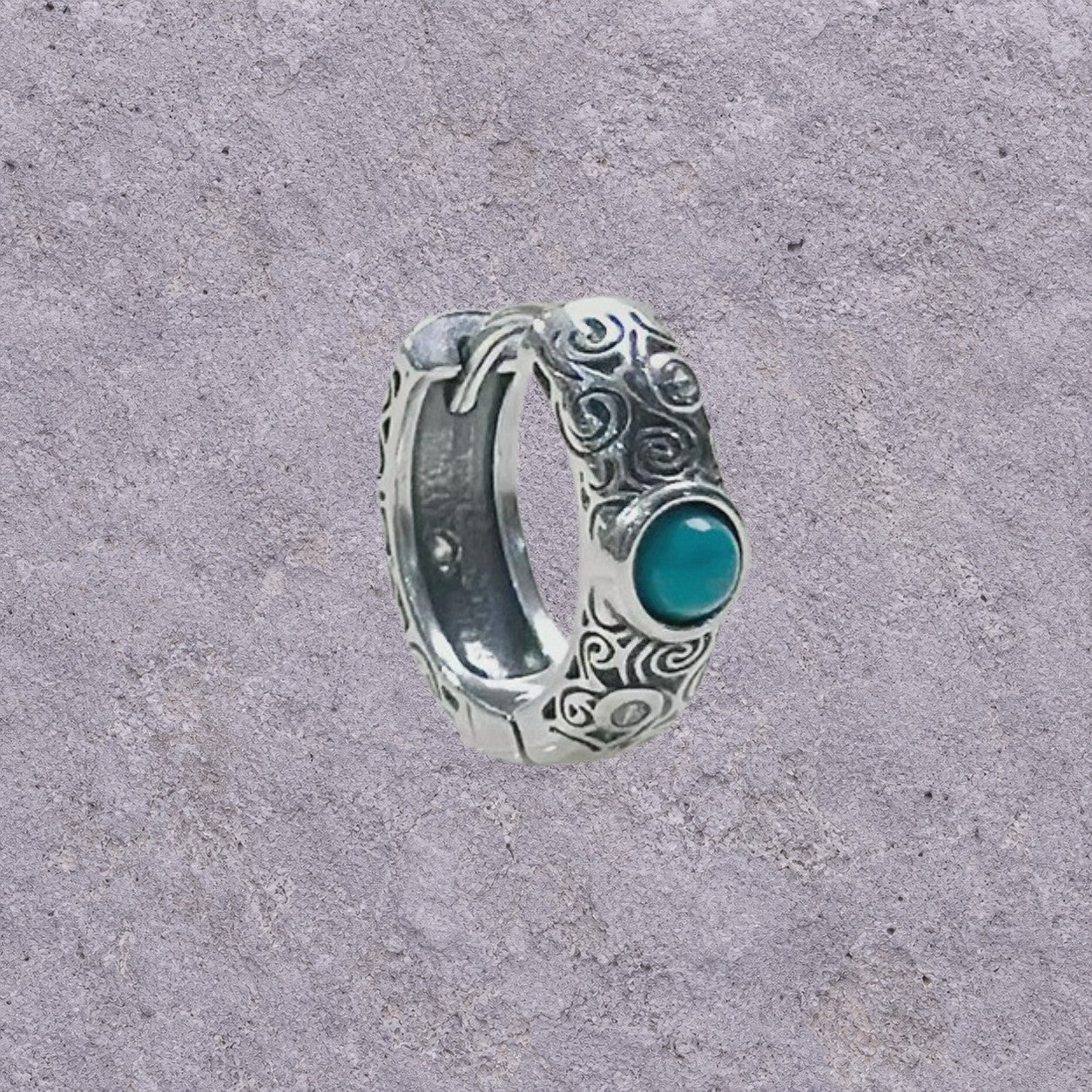 Turquoise Scroll Oxidized Silver Huggie Hoops