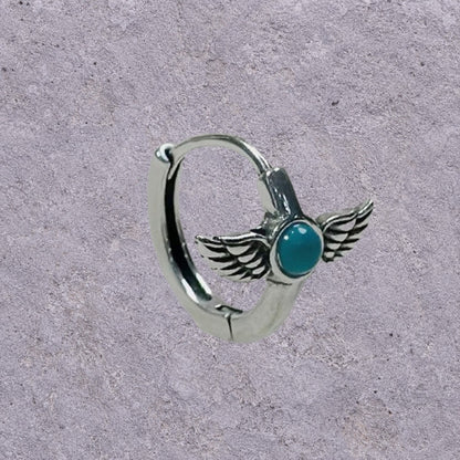 Turquoise Winged Dagger Oxidized Silver Huggie Hoops