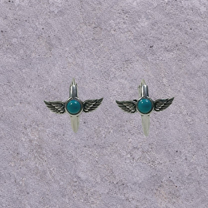Turquoise Winged Dagger Oxidized Silver Huggie Hoops