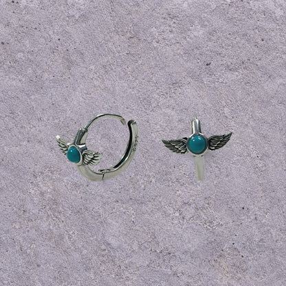 Turquoise Winged Dagger Oxidized Silver Huggie Hoops