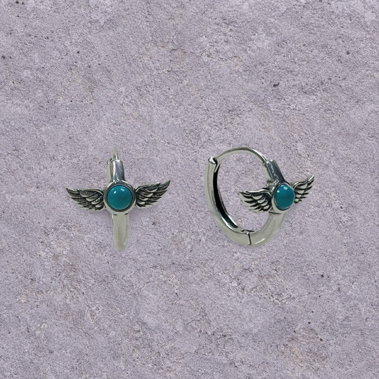 Turquoise Winged Dagger Oxidized Silver Huggie Hoops