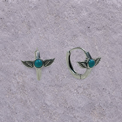 Turquoise Winged Dagger Oxidized Silver Huggie Hoops