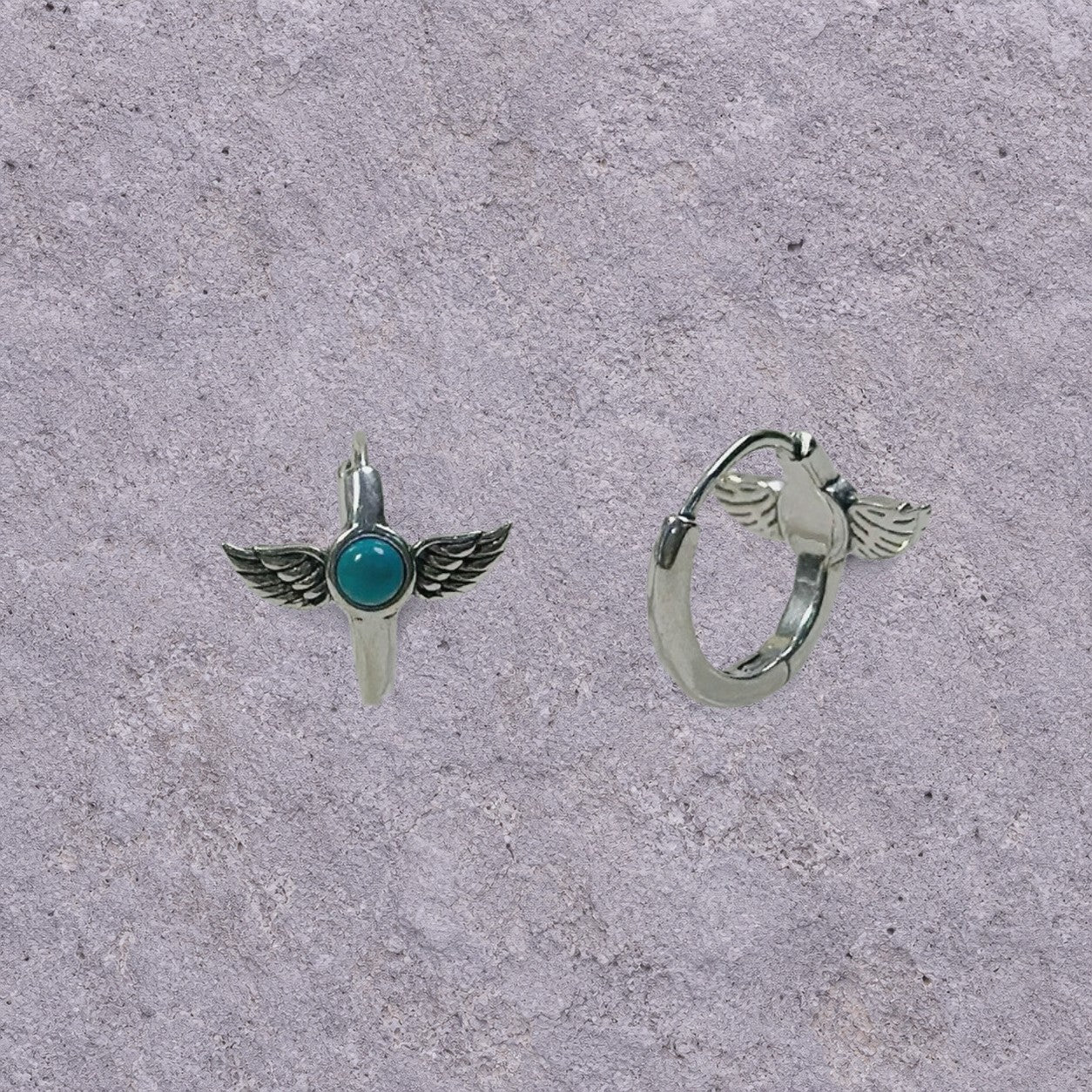 Turquoise Winged Dagger Oxidized Silver Huggie Hoops