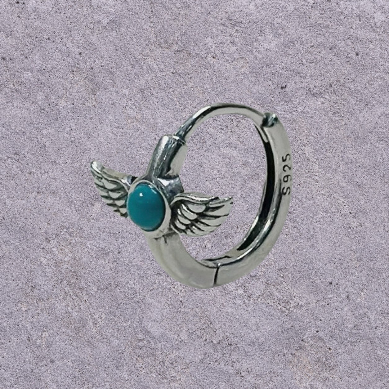 Turquoise Winged Dagger Oxidized Silver Huggie Hoops