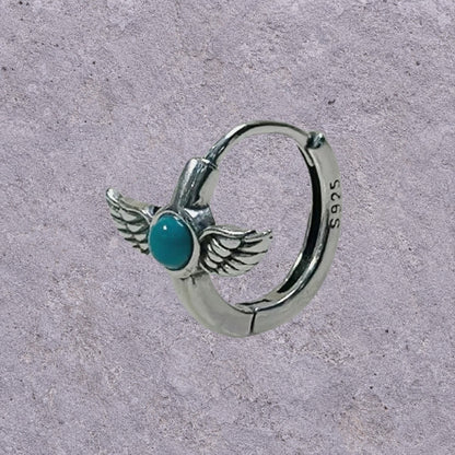 Turquoise Winged Dagger Oxidized Silver Huggie Hoops