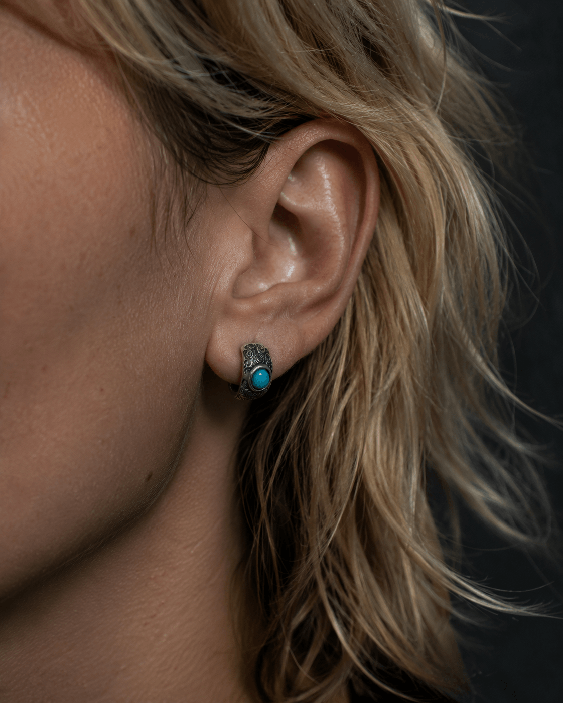 Turquoise Scroll Oxidized Silver Huggie Hoops