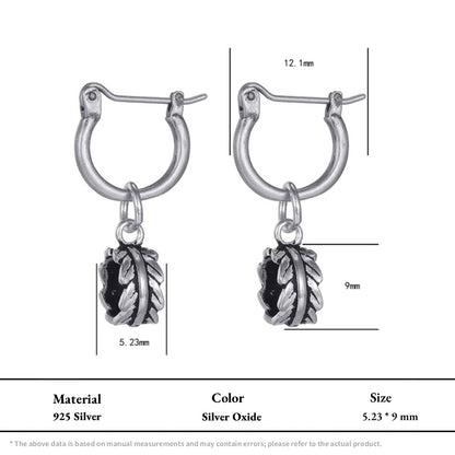 Vintage 925 Silver Leaf Charm Hoops Oxidized Feather Drop Earrings with silver oxide finish and detailed leaf design