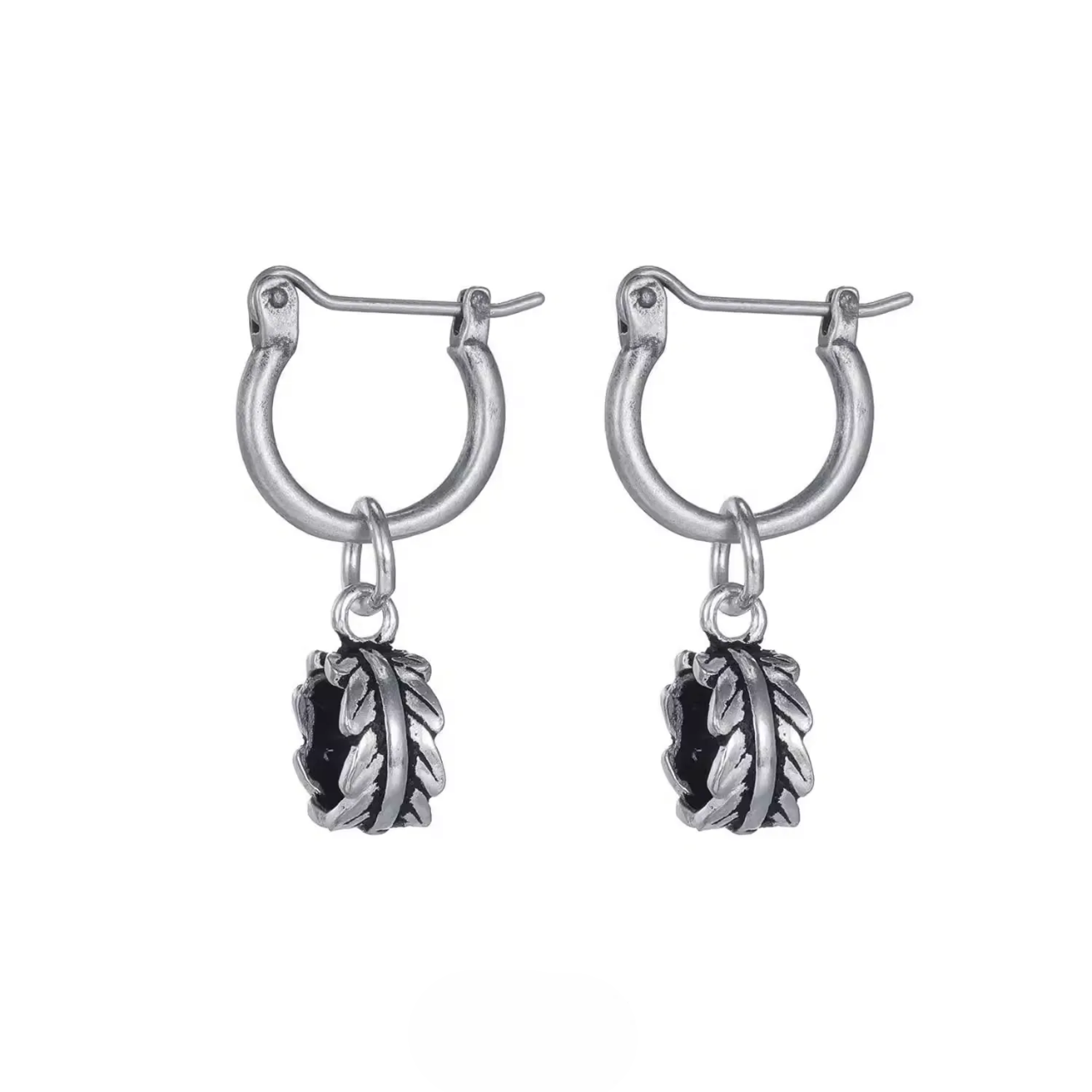 Vintage 925 Silver Leaf Charm Hoops Oxidized Feather Drop Earrings with detailed textured silver leaf charm on sturdy hoops