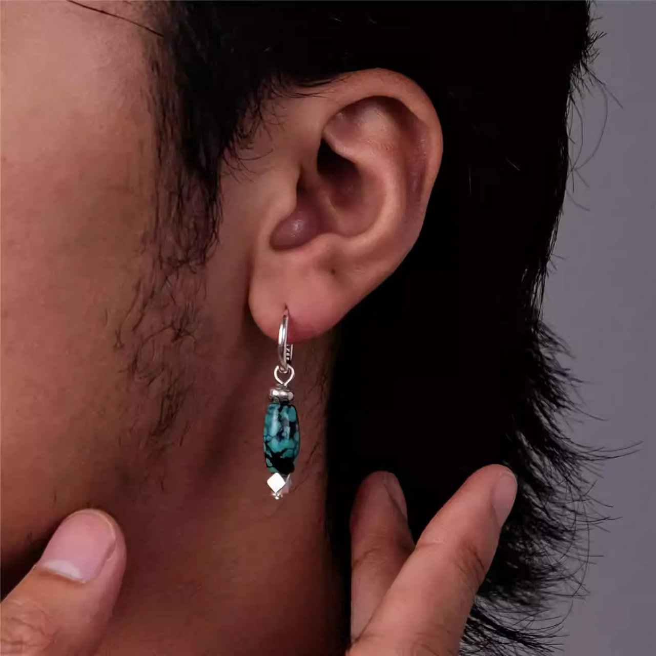Vintage Ethnic S925 Silver Turquoise Drop Earrings Boho Tribal Style