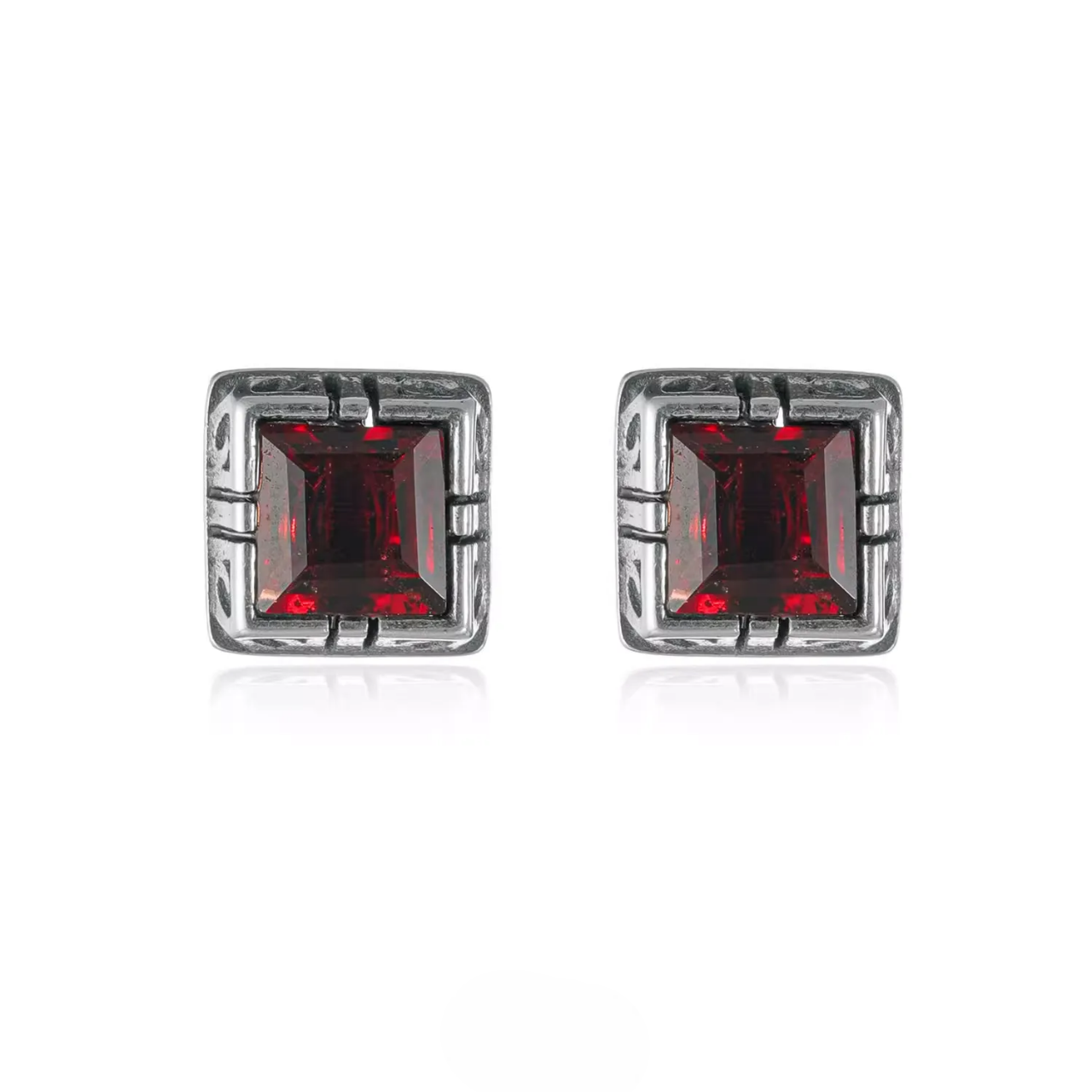 Vintage Garnet Solitaire Studs S925 Silver Minimalist Square Gem