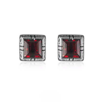 Vintage Garnet Solitaire Studs S925 Silver Minimalist Square Gem