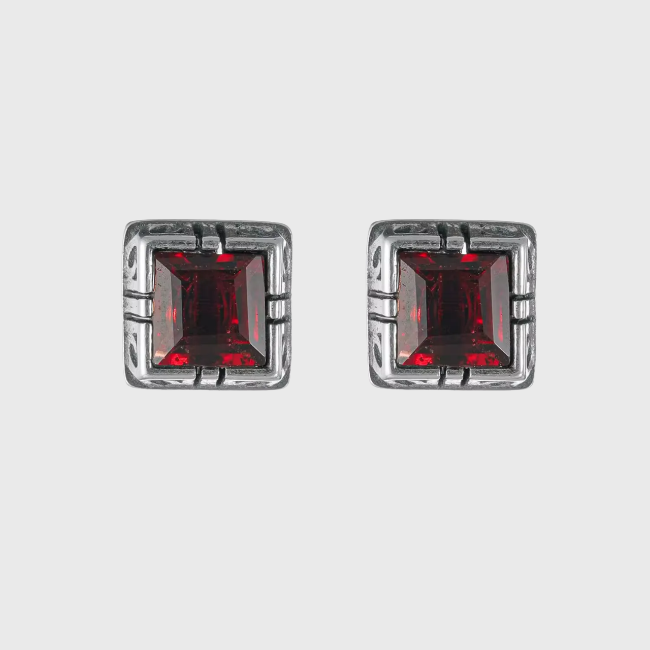 Vintage Garnet Solitaire Studs S925 Silver Minimalist Square Gem
