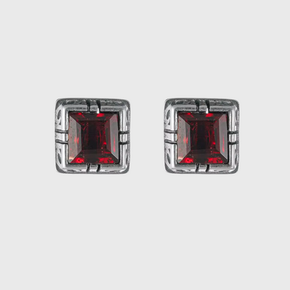 Vintage Garnet Solitaire Studs S925 Silver Minimalist Square Gem