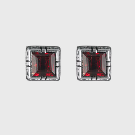 Vintage Garnet Solitaire Studs S925 Silver Minimalist Square Gem