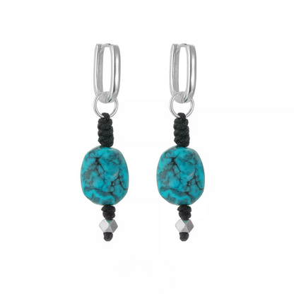 Vintage Tibetan Turquoise Silver Hoop Earrings Boho Tribal