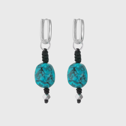 Vintage Tibetan Turquoise Silver Hoop Earrings Boho Tribal