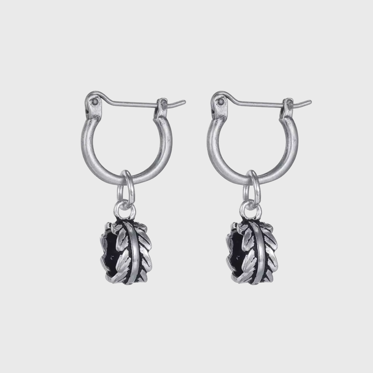 Vintage 925 Silver Leaf Charm Hoops Oxidized Feather Drop Earrings with textured oxidized silver leaf detail